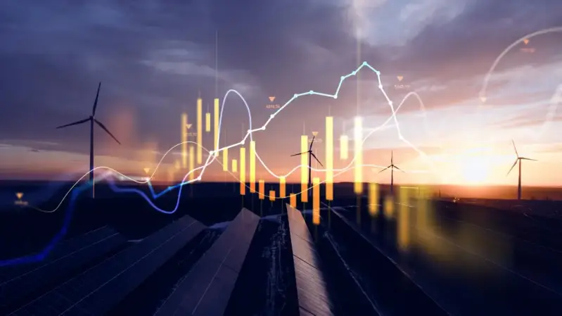 Zu sehen ist eine Grafik mit Energiepreisen und Windrädern.