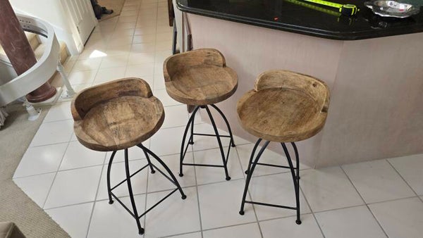 THE URBAN PORT:  Brown and Black Low Back Metal Bar Stool with Wood Seat Set of 3, Adjustable Swivel Seat