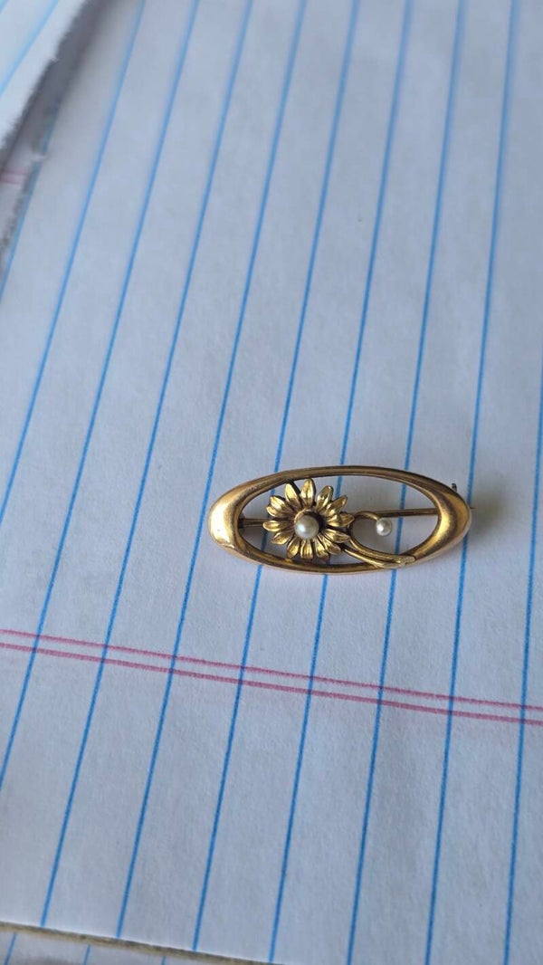 Antique 14K Yellow Gold Seed Pearl Flower Pin Brooch Oval Floral Daisy Art Nouveau 1.45g