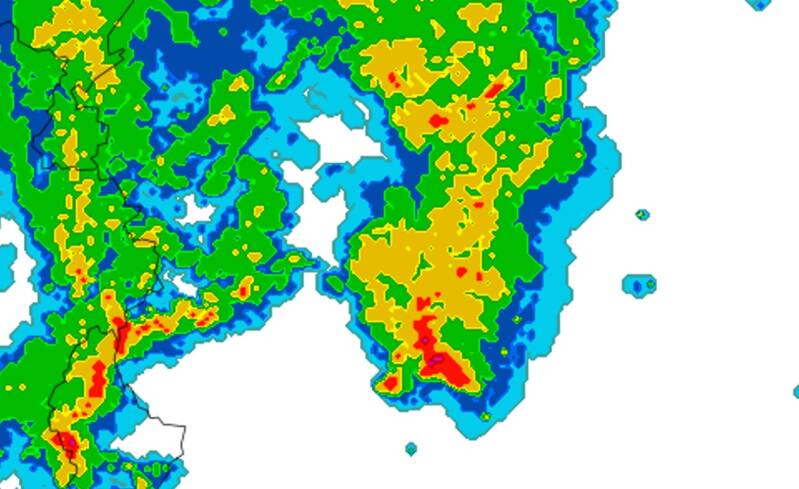 Radarbeeld van 19 juli 2015, 04.55 uur. Supercell op de zuidpunt op het MCS, west van Mainz / DWD