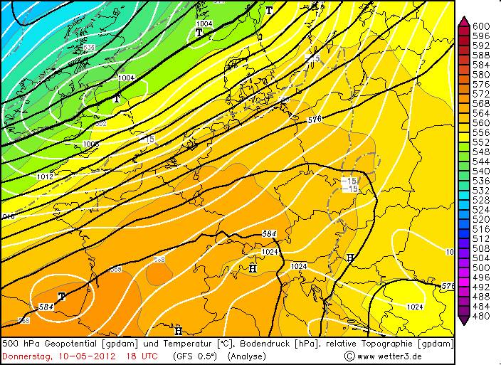 Weerkaarten (luchtdruk/500 hPa str. en SB-CAPE/LI) voor donderdagavond 10 mei 2012, 18z (GFS/Wetter3.de)