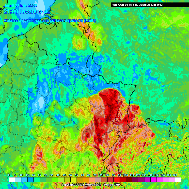 Max. Reflectiviteit en windstoten, Icon-D2 voor donderdagavond 23 juni 2022 (runs 9z en 15z)  /  Meteociel