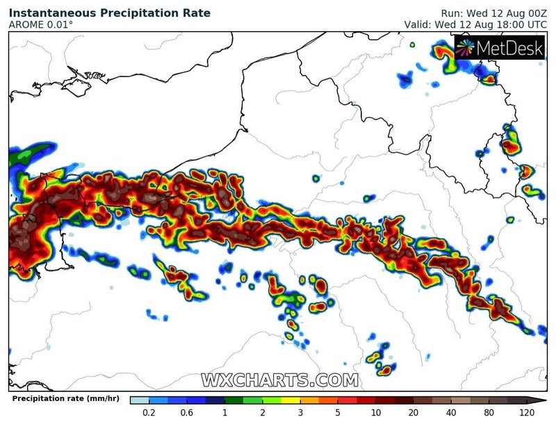 Radarsimulatie van weermodel Arome, 12 aug 2020 / 18z – 20u (WXcharts)