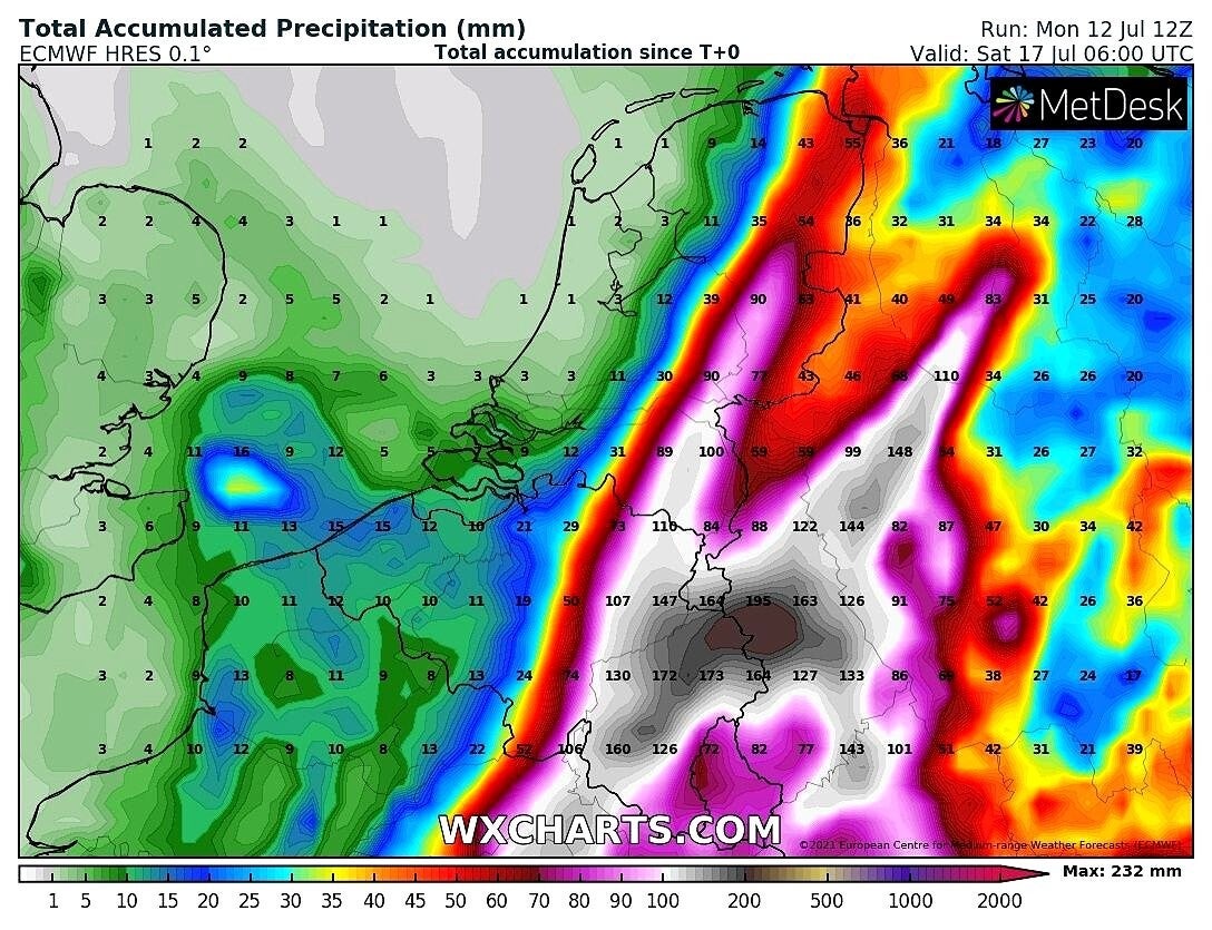 Verwachte neerslaghoeveelheden voor de komende dagen, ECMWF en Arpege (13/14 juli 2021 – bron WXcharts)