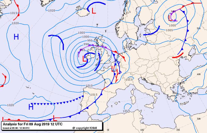Weerkaart KNMI voor vrijdag 9 augustus 2019 (12z/14u)