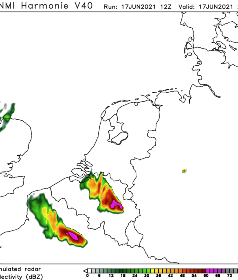 Radarsimulaties (reflectiviteit en updraft velocity) met supercellen voor donderdagavond 17 juni 2021 Bron: Harmonie40