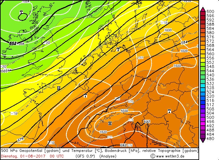 Weerkaarten (luchtdruk hPa/hoogtewind en T850) voor maandagavond 31 juli 2017  -  GFS/Wetter3.de