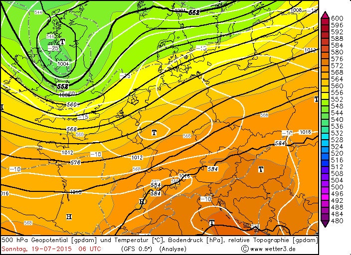 Weerkaarten (T500, luchtdruk en bovenstroming) voor 19 juli 2015, 06z en 18z (GFS / bron Wetter3.de)