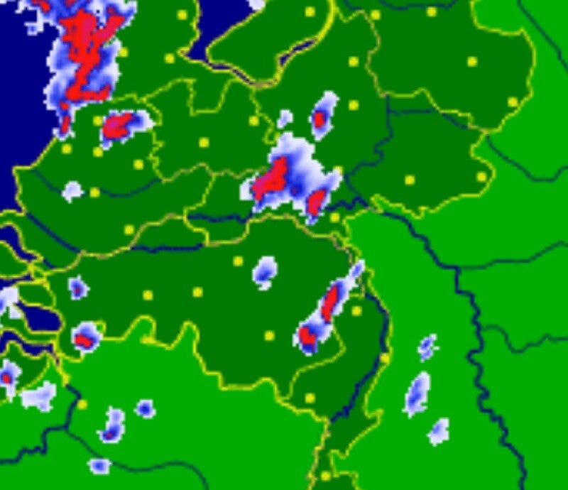 Radarbeelden van 17.15 en 17.25 uur. De leftmover wordt dominant en trekt o.a. over Leersum, 18 juni 2021