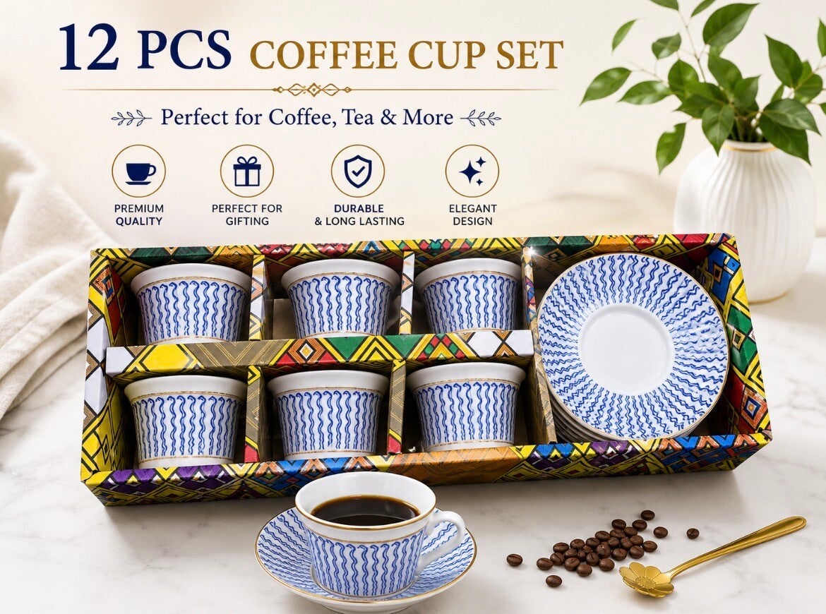 Traditional Ethiopian Coffee Cups 6 cups and saucers in blue ፊንጃል