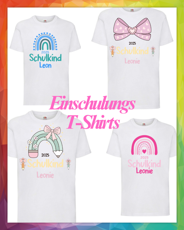 🎒 Einschulungs-T-Shirt 2025 – Personalisierbar | Regenbogen-Design für Mädchen & Jungen 🌈