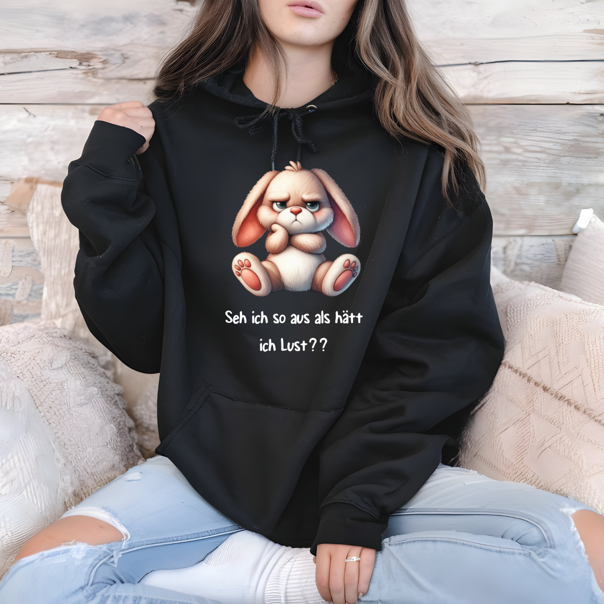 Hoodie – Hase mit Spruch „Seh ich aus, als hätt ich Lust?“