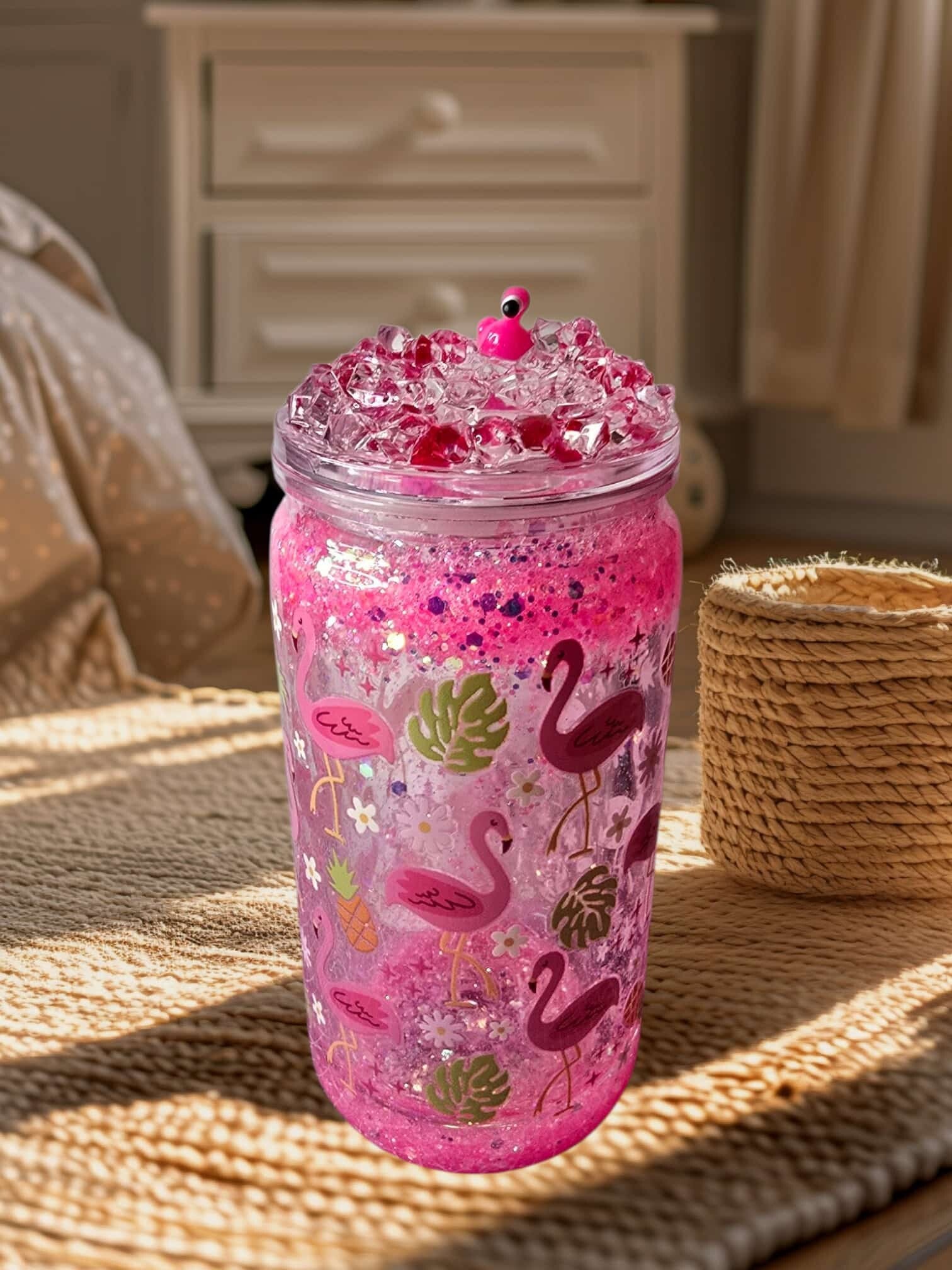Schneekugelbecher mit Flamingo Design und Flamingo Deckel