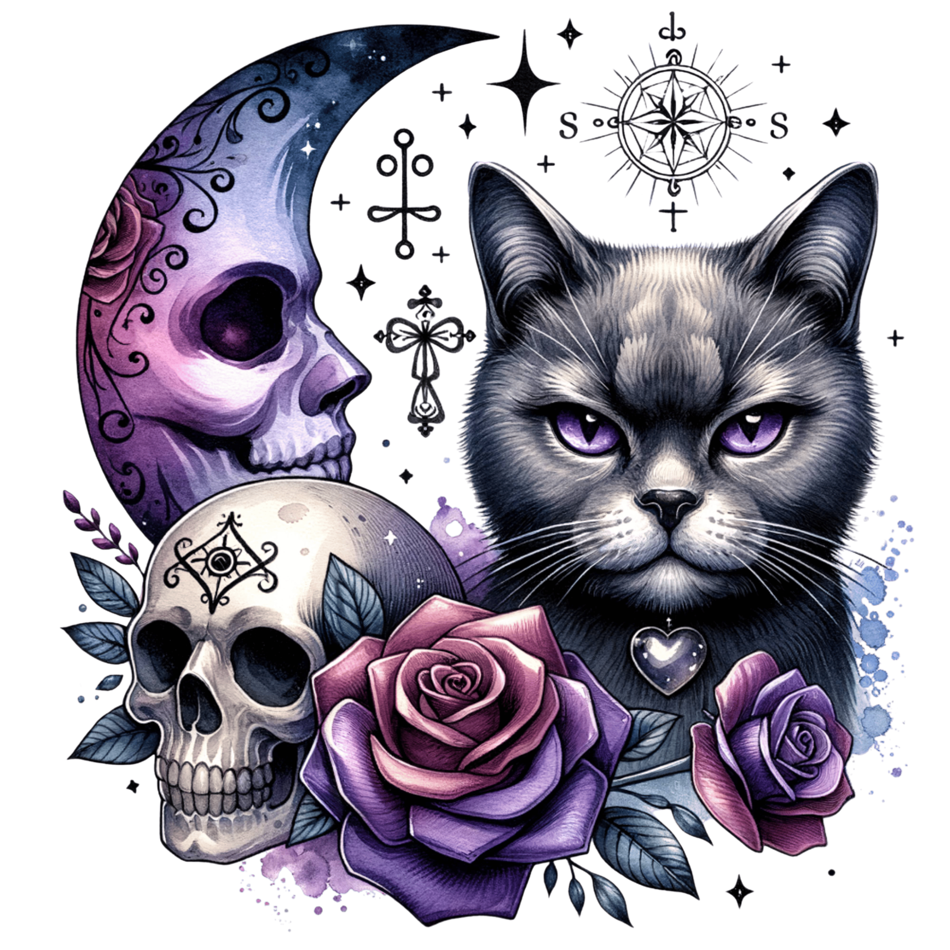 Bügelbild "Katze mit Mond, Rose und Totenkopf"