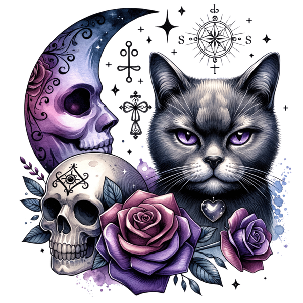 Bügelbild "Katze mit Mond, Rose und Totenkopf"