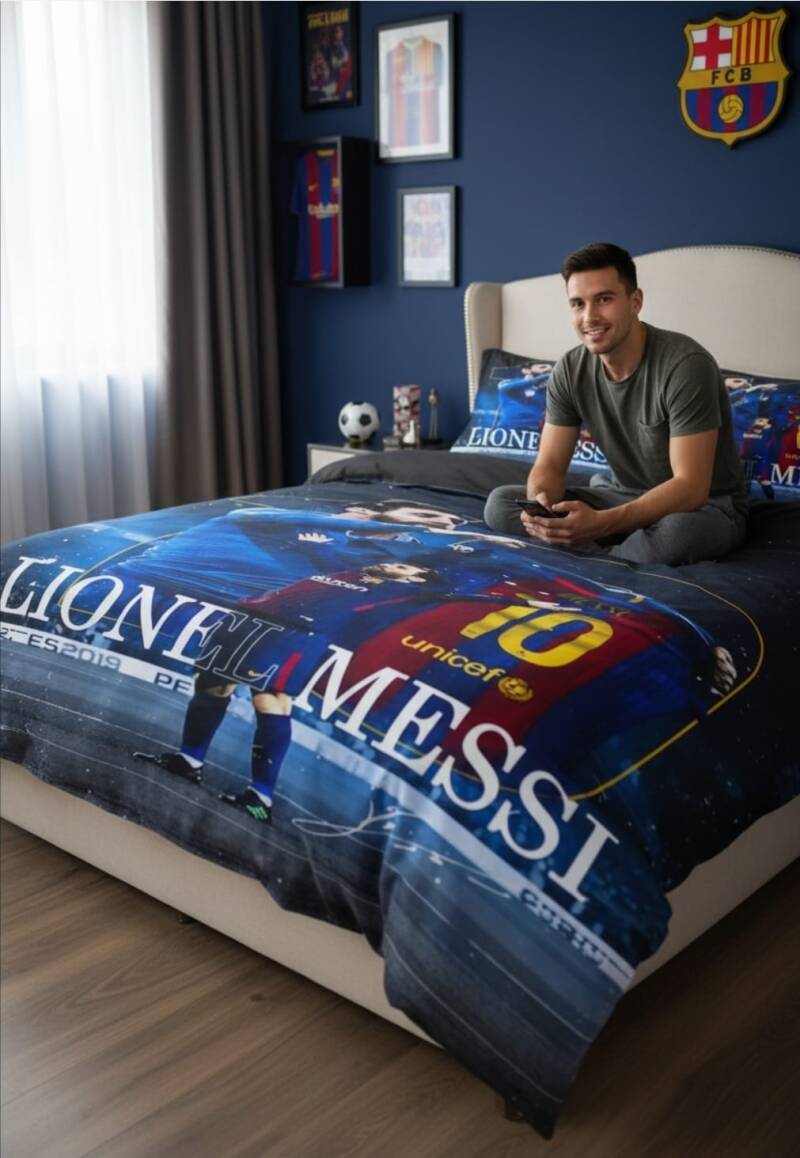 Lionel Messi Dekbedovertrek set Beddengoed Wereldbeker Voetbal Superstar World Cup Trofee met Shames Zachte Microfiber Xmas Sets met Rits 3 Stuks Jongens En Meisjes Single (135 x 200 cm
