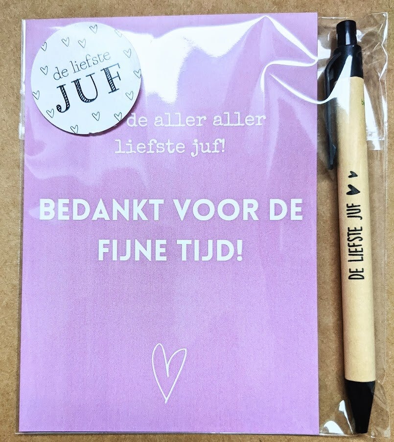 Houten pen met kaart voor juf!