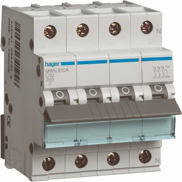 Hager Automaat 3kA - C - 3P+N - 10A - 4M - MWN610A