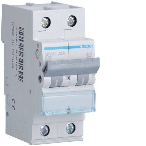 Hager Automaat 3kA - C - 2P - 20A - 2M - MWN220A