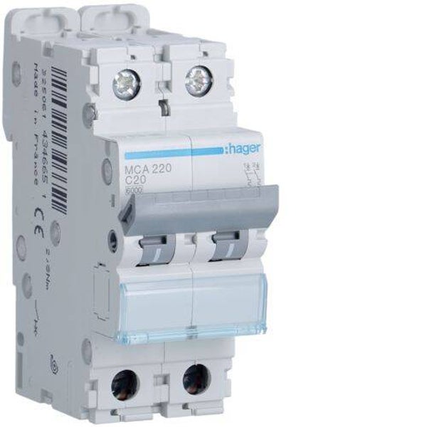 Hager Automaat 6kA - C - 2P - 20A - 2M - MCA220