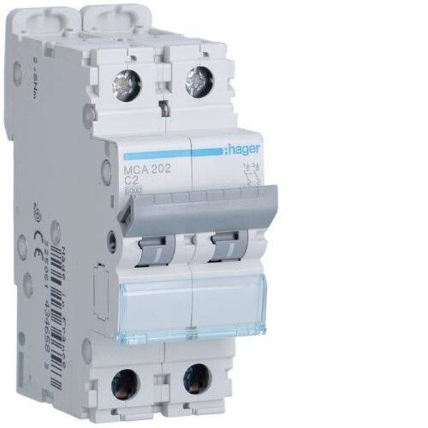 Hager Automaat 6kA - C - 2P - 2A - 2M - MCA202