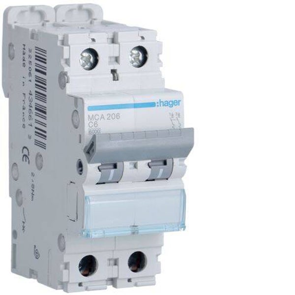 Hager Automaat 6kA - C - 2P - 6A - 2M -MCA206