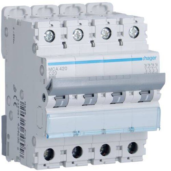 Hager Vierpolige automaat 6kA - C - 4P - 20A - 4M - MCA420