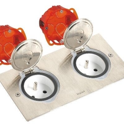 Dubbel Vloerstopcontact Kit inbouwdoos - inox deksel- stopcontact - voor zwevende vloer Set-092111 set_LEG_092111