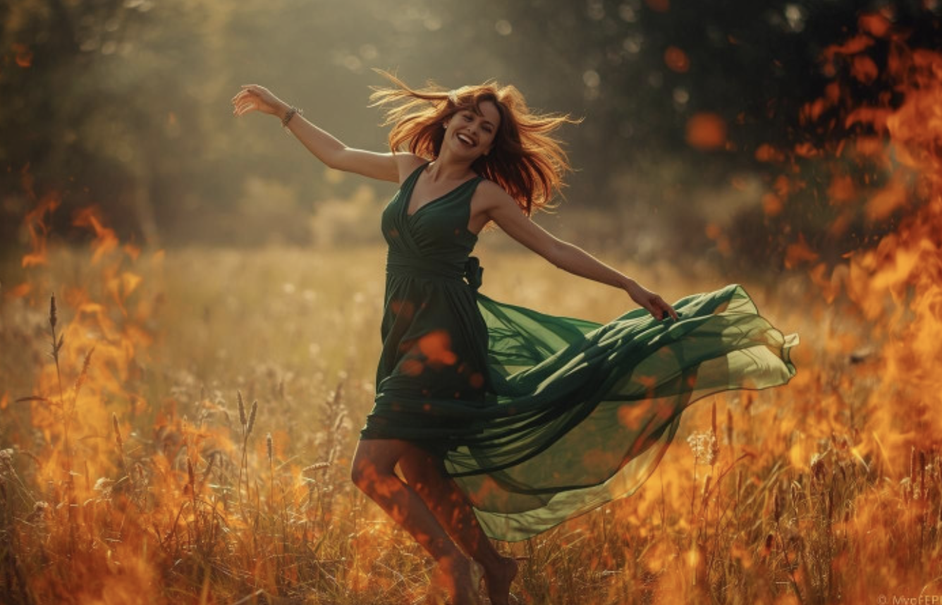 Vrouw danst lachend in een zonovergoten veld, met een groene jurk die wapperend om haar heen zwiert.