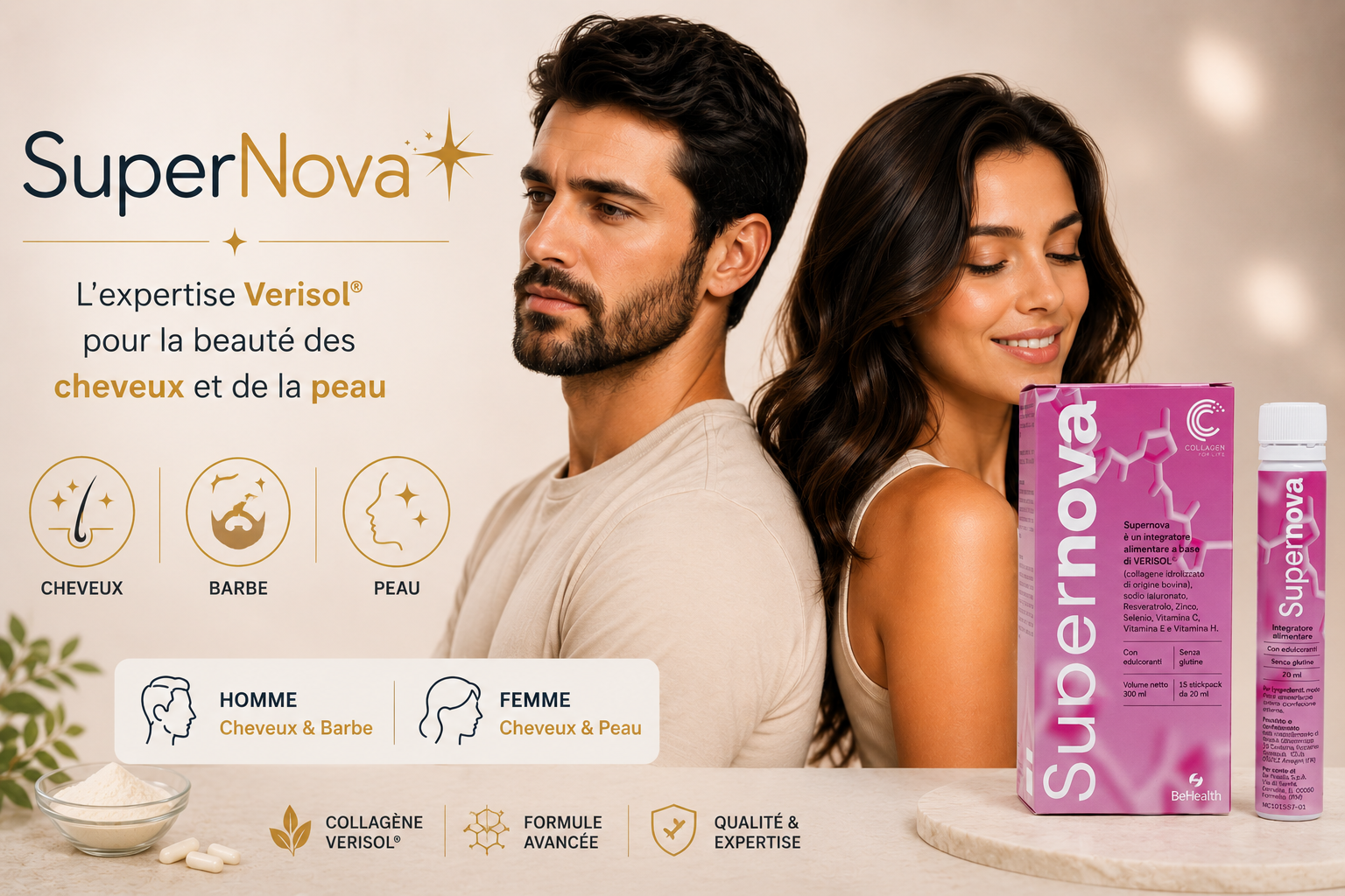 SuperNova Verisol® : complément à base de peptides de collagène pour soutenir la beauté des cheveux, de la barbe, des ongles et de la peau chez les hommes et les femmes.