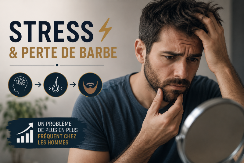 Stress chronique et perte de barbe : homme observant une barbe clairsemée liée au stress, à la fatigue et au déséquilibre du cycle de croissance des poils.