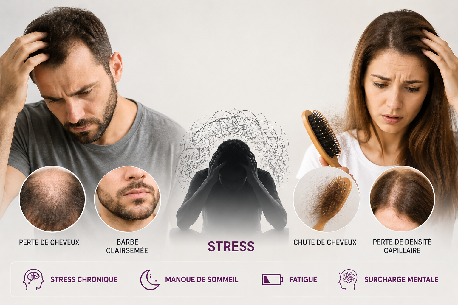Stress chronique et perte de cheveux : illustration de la chute de cheveux, de la barbe clairsemée et de la perte de densité capillaire chez les hommes et les femmes.