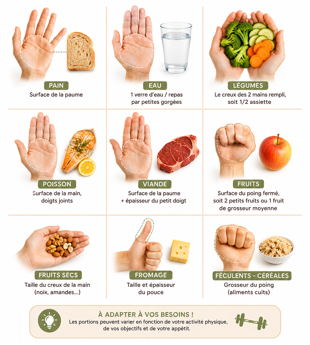 Tableau illustré des portions alimentaires recommandées basé sur la taille de la main : protéines, légumes, fruits, céréales, produits laitiers et matières grasses pour faciliter le rééquilibrage alimentaire et le contrôle des quantités au quotidien.