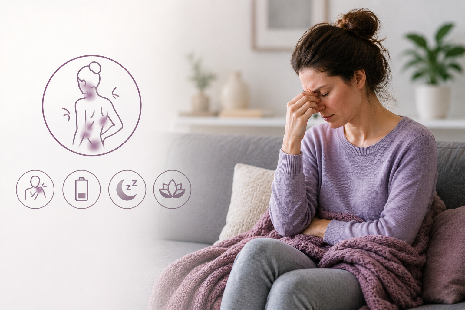 Femme souffrant de fatigue chronique et douleurs diffuses liées à la fibromyalgie, illustrant l’impact des tensions musculaires et articulaires sur la qualité de vie quotidienne.