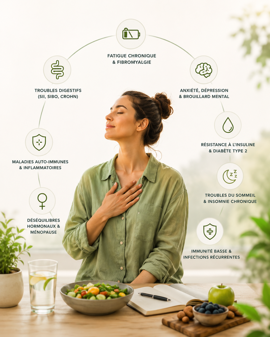 Femme illustrant l'approche de la médecine fonctionnelle pour accompagner la fatigue chronique, les troubles digestifs, les déséquilibres hormonaux, le stress, les troubles du sommeil et les maladies inflammatoires.