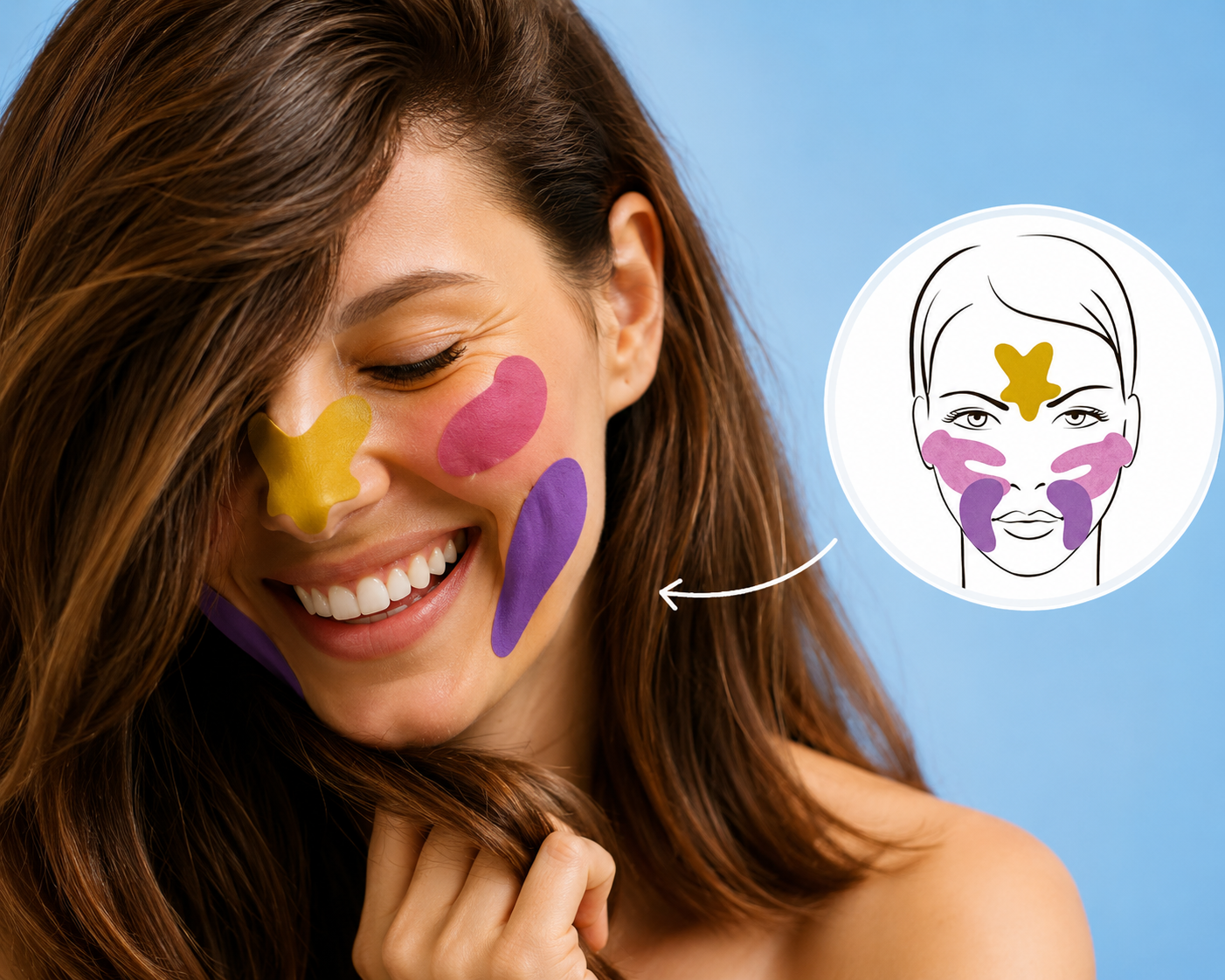 Illustration du Kinesio Taping visage : une technique issue du sport appliquée à la routine beauté pour aider à réduire l'apparence des rides et soutenir le galbe naturel du visage.
