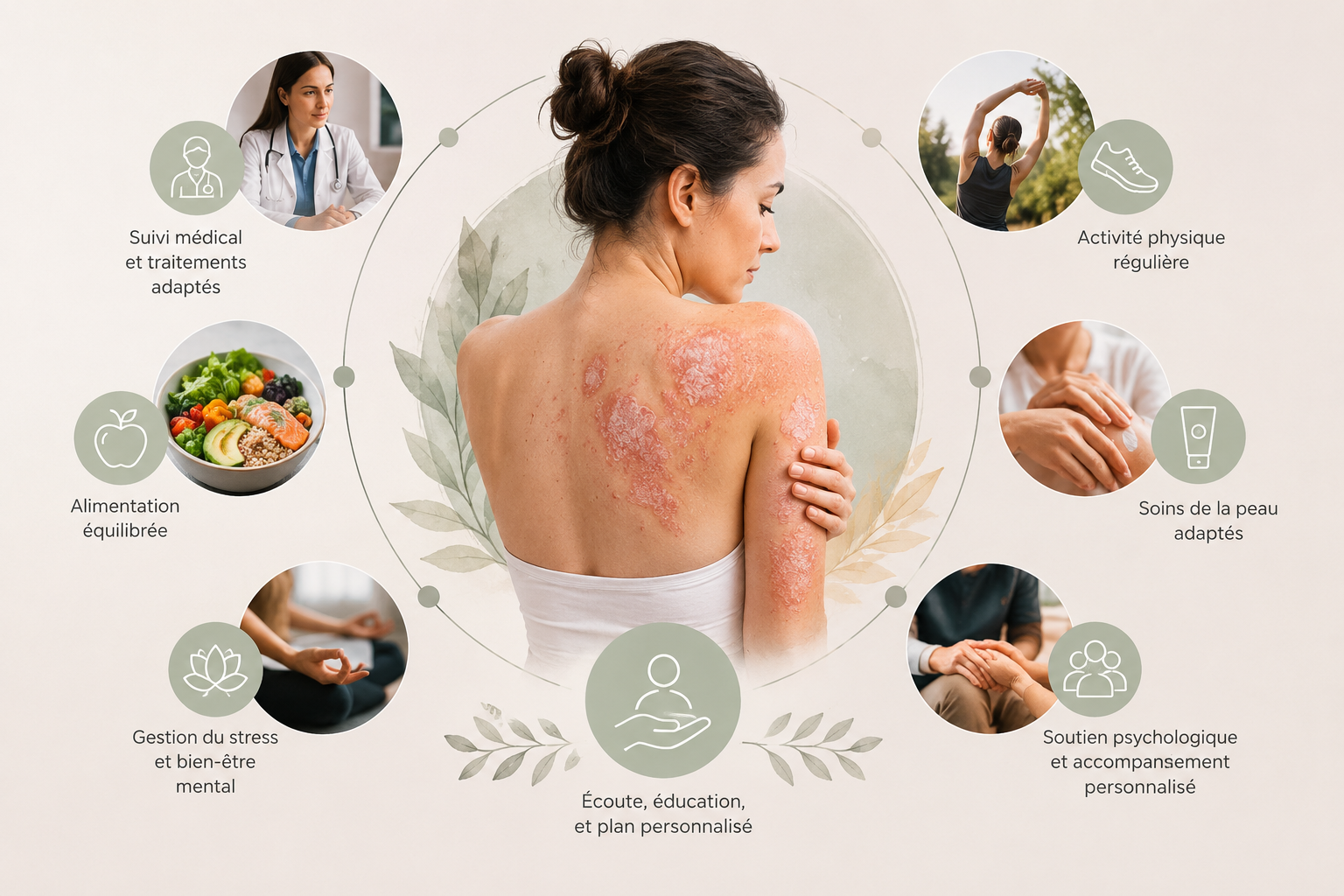 Psoriasis et approche globale : alimentation, microbiote, gestion du stress, activité physique, soins de la peau et accompagnement personnalisé pour soutenir la santé cutanée.