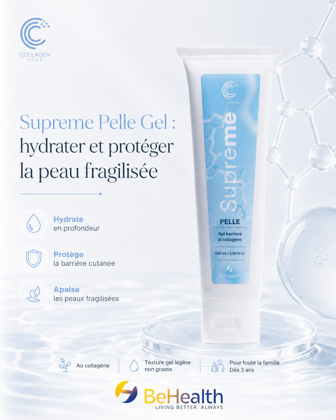 Infographie sur Supreme Pelle Gel, soin au collagène et à l’acide hyaluronique pour hydrater, protéger et apaiser la peau fragilisée.
