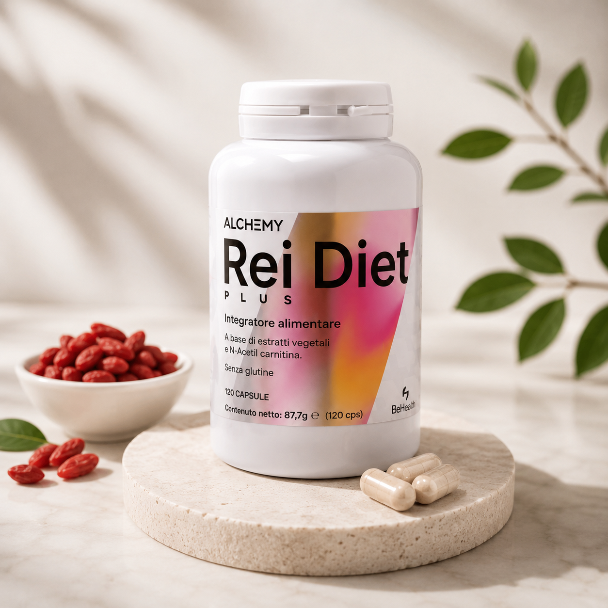 Flacon de Rei Diet à base de berbérine présenté sur un support naturel, illustrant une solution nutritionnelle destinée à soutenir l'équilibre glycémique, la gestion des envies de sucre et le contrôle du poids.