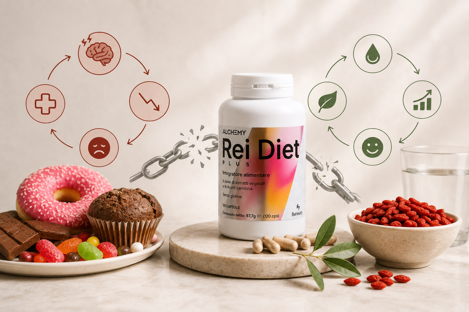 omplément Rei Diet à la berbérine pour soutenir l'équilibre glycémique et réduire les envies de sucre.