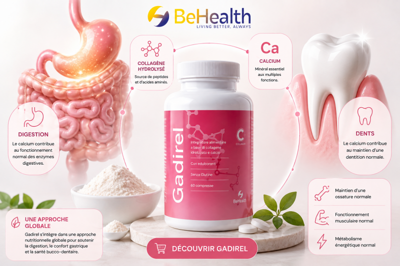 Gadirel BeHealth au collagène hydrolysé et calcium pour la digestion, les enzymes digestives et le maintien d’une dentition normale.