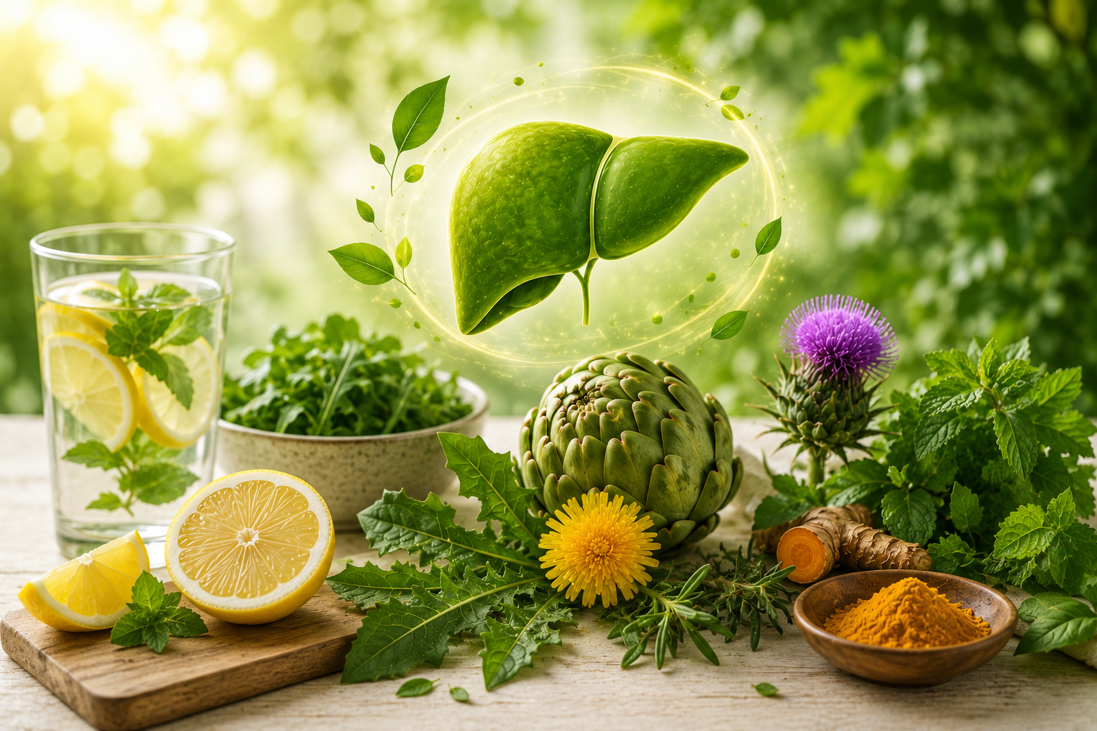 Comment nettoyer son foie naturellement : illustration d'aliments détoxifiants comme le citron, l'artichaut, le pissenlit et le curcuma pour soutenir les fonctions hépatiques et retrouver de l'énergie.