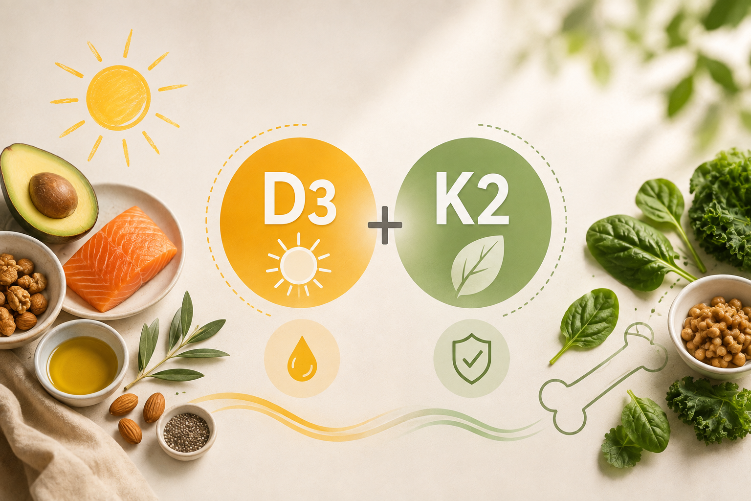 Illustration comparant la vitamine D3 et la vitamine K2, avec des aliments sources de lipides et de vitamine K, dans un article expliquant si leur association est nécessaire.