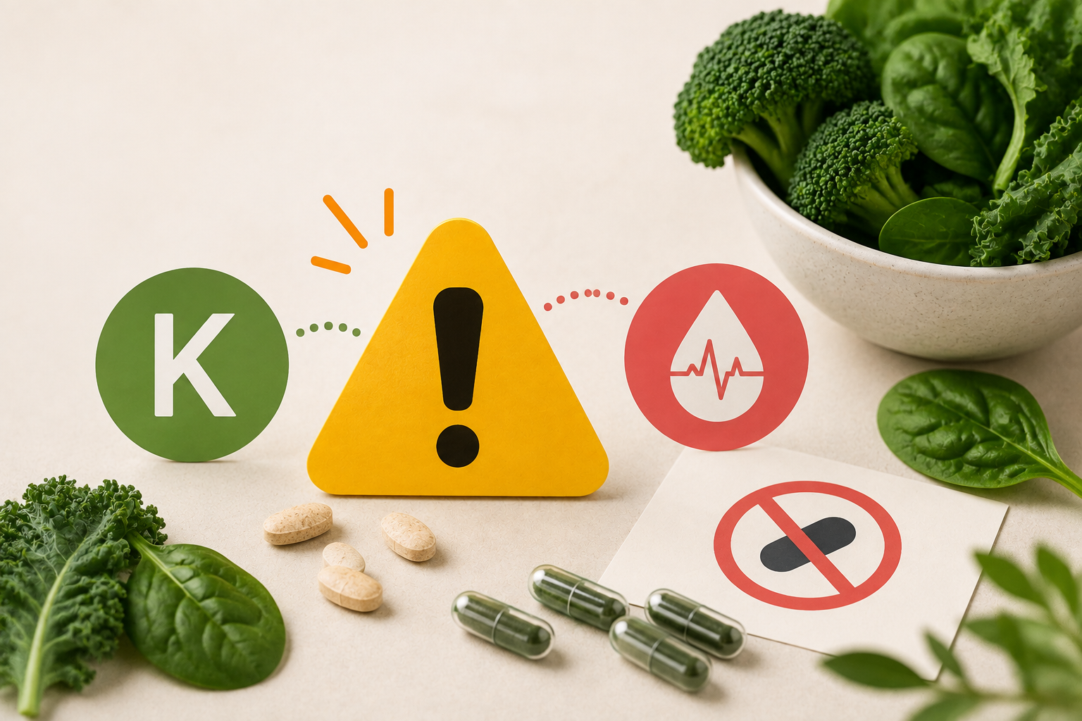 Illustration d’avertissement sur la vitamine K et les traitements anticoagulants, soulignant le risque d’interaction avec les antivitamines K et la nécessité d’un avis médical.