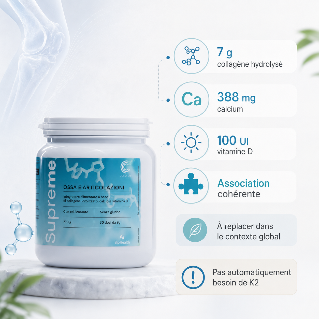 Suprême Os et Articulations avec 7 g de collagène hydrolysé, 388 mg de calcium et 100 UI de vitamine D, formule destinée au soutien nutritionnel des os et des articulations.