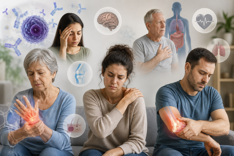 Illustration de personnes souffrant de maladies auto-immunes et chroniques, avec des symptômes tels que fatigue, douleurs articulaires et inflammation.