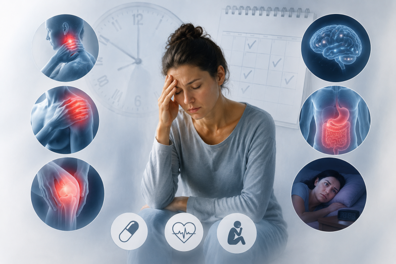 Symptômes des maladies auto-immunes et chroniques : fatigue persistante, douleurs articulaires, troubles digestifs, inflammation, troubles du sommeil et brouillard mental.