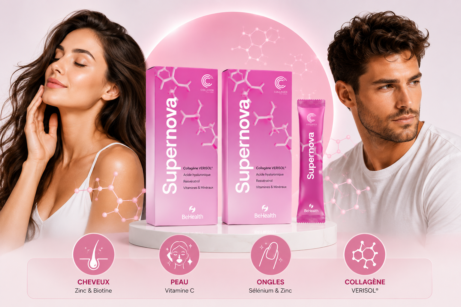 Supernova de Be Health Global, complément au collagène pour soutenir les cheveux, la peau et les ongles.