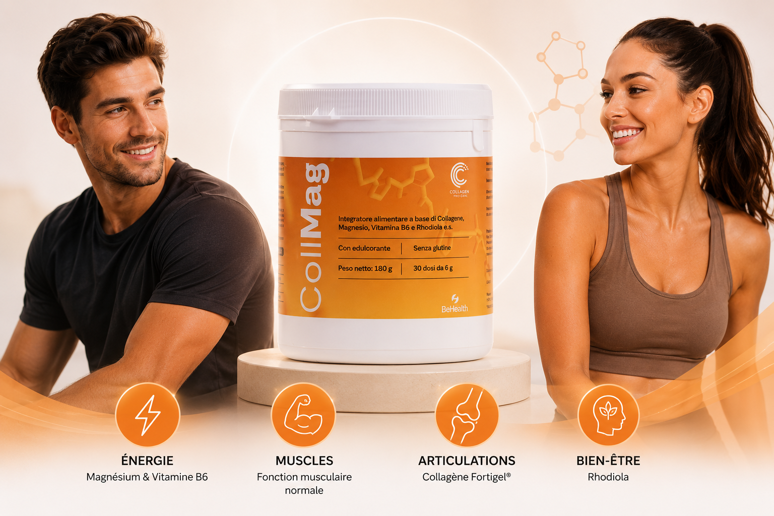 CollMag, complément alimentaire à base de collagène Fortigel®, magnésium, vitamine B6 et rhodiola pour soutenir l'énergie, le confort articulaire et le bien-être.