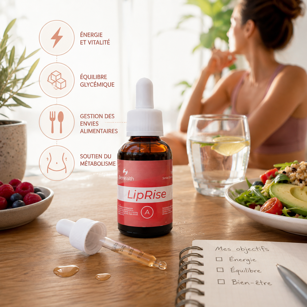 LipRise et SOPK : accompagnement micronutritionnel du métabolisme, de l’équilibre glycémique, de la vitalité et de la gestion alimentaire pendant la journée.